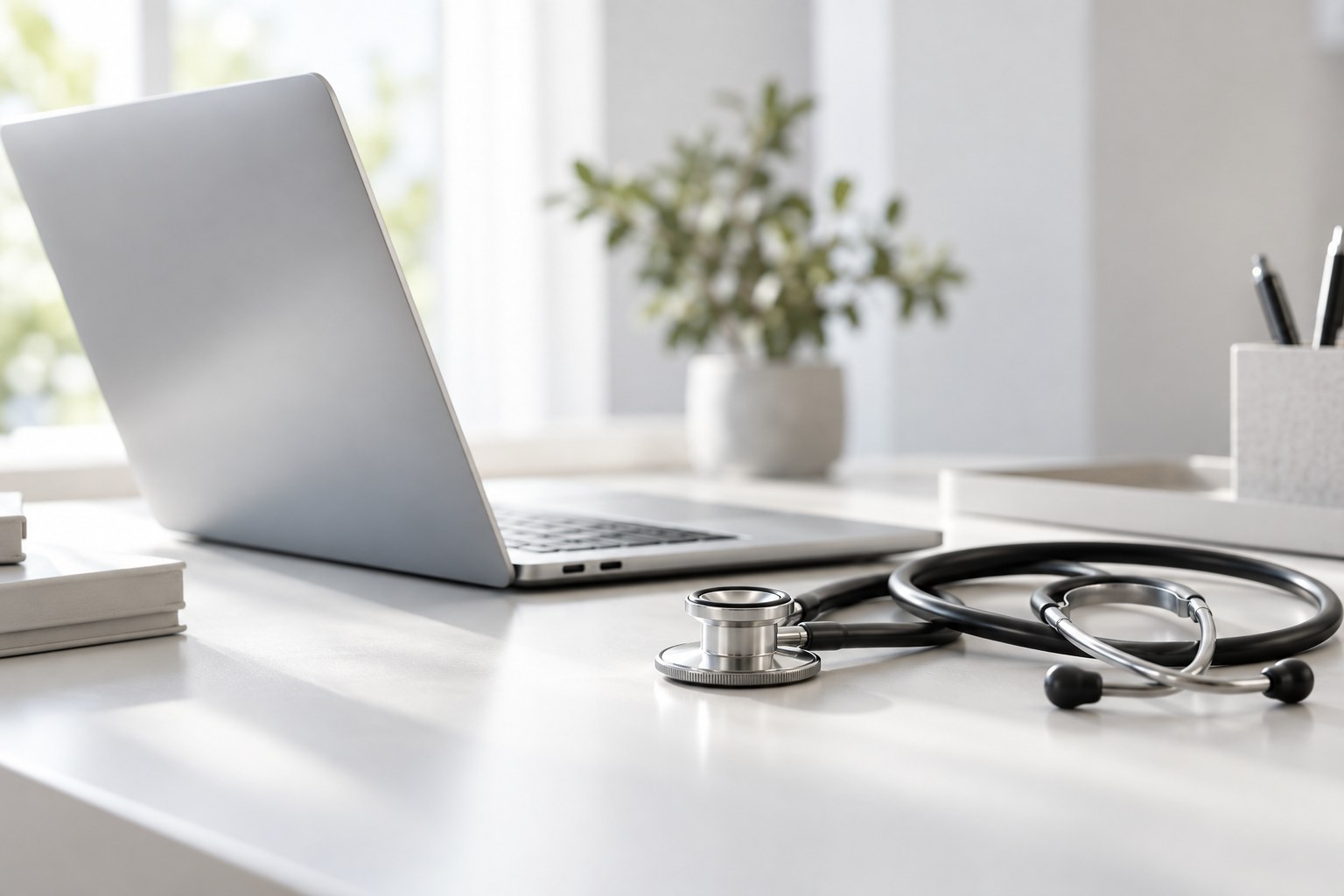 Notebook e estetoscópio em uma mesa clara, representando o atendimento por telemedicina