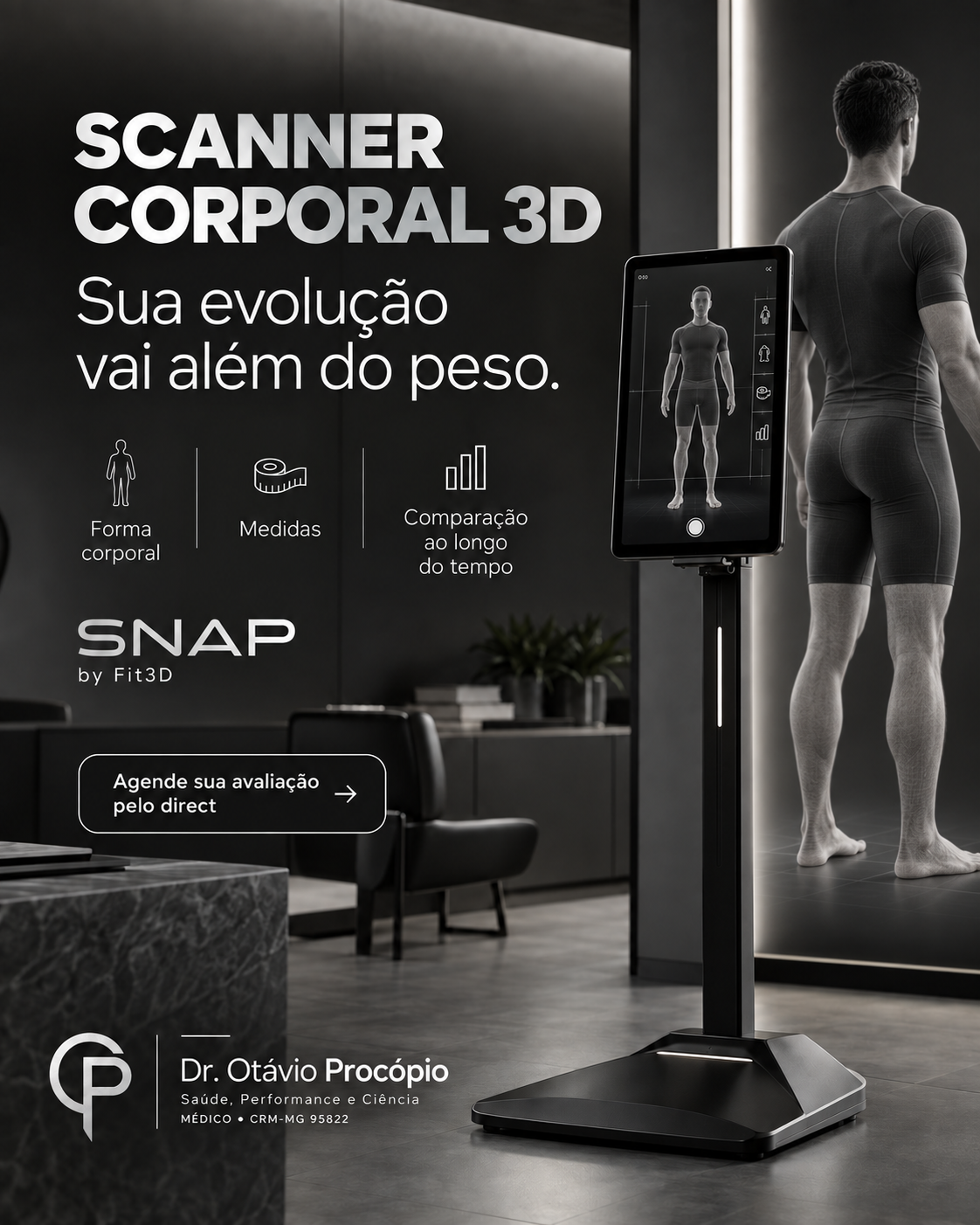 Divulgação do scanner corporal 3D, com tablet, medidas e acompanhamento ao longo do tempo
