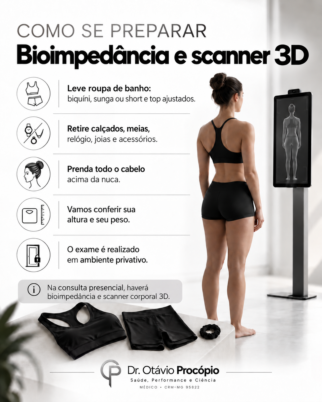 Orientações de roupa, retirada de acessórios, cabelo preso e privacidade para o scanner 3D